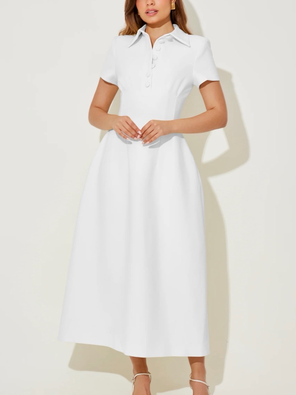Odd Muse White Collared Midi Dress with Button Placket